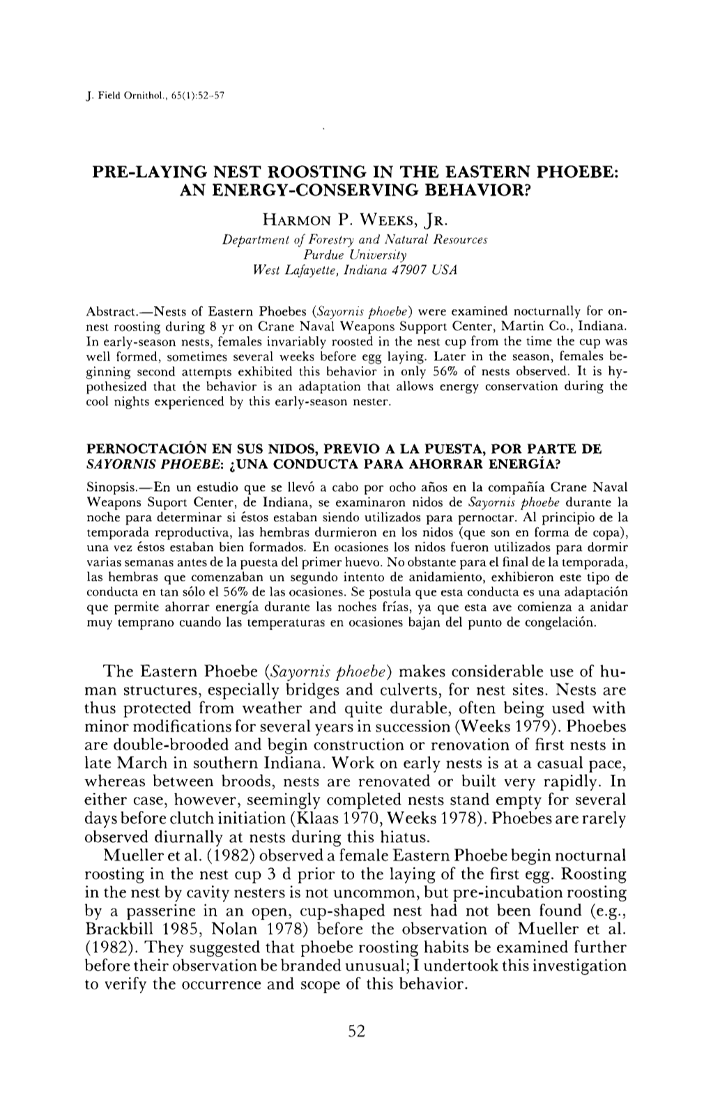 Pre-Laying Nest Roosting in the Eastern Phoebe: an Energy-Conserving Behavior?