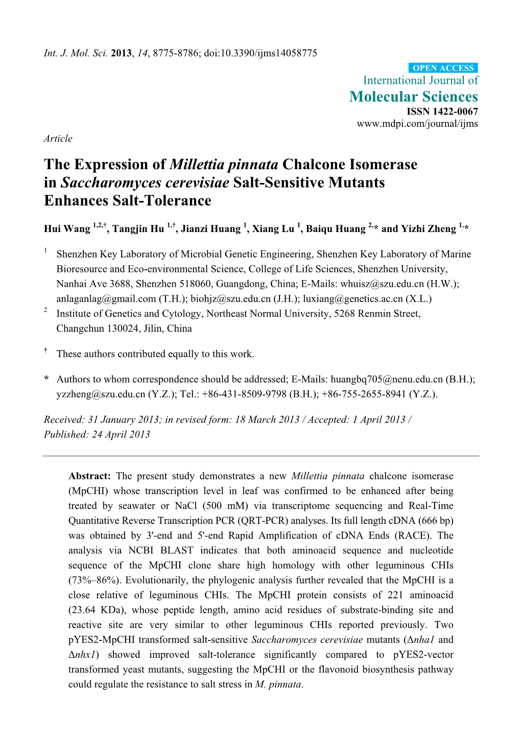 The Expression of Millettia Pinnata Chalcone Isomerase in Saccharomyces Cerevisiae Salt-Sensitive Mutants Enhances Salt-Tolerance