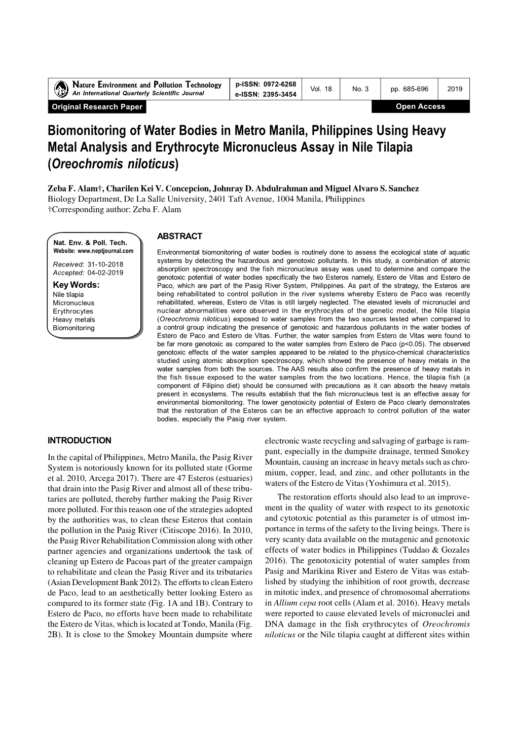 Biomonitoring of Water Bodies in Metro Manila, Philippines Using Heavy Metal Analysis and Erythrocyte Micronucleus Assay in Nile Tilapia (Oreochromis Niloticus)