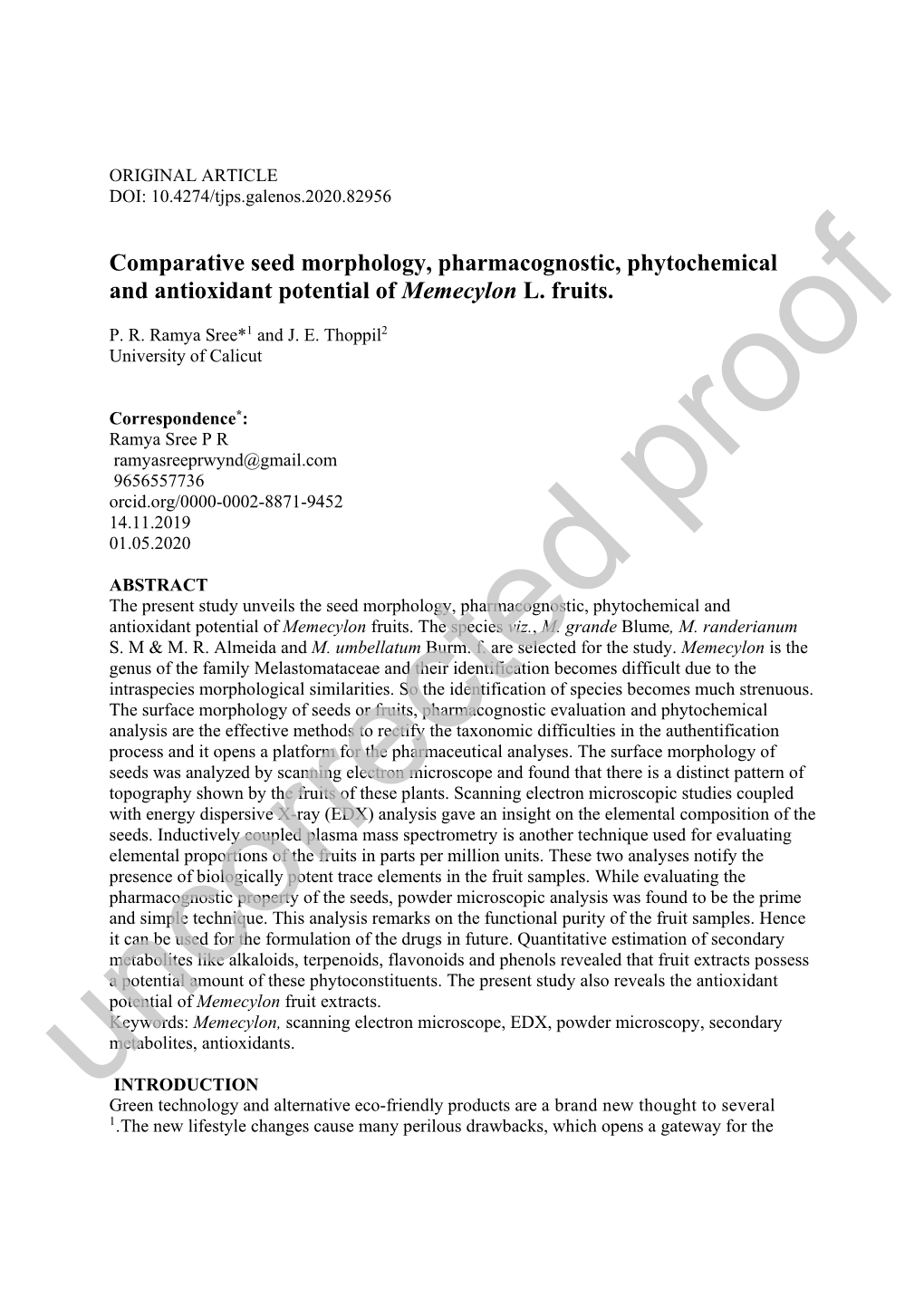 Comparative Seed Morphology, Pharmacognostic, Phytochemical and Antioxidant Potential of Memecylon L