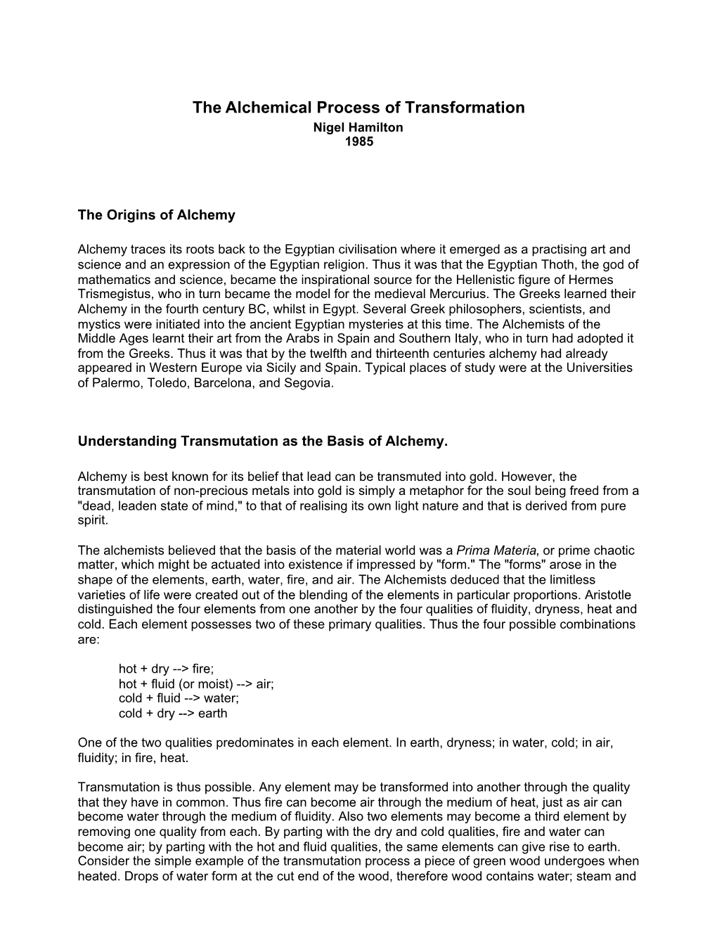 The Alchemical Process of Transformation Nigel Hamilton 1985