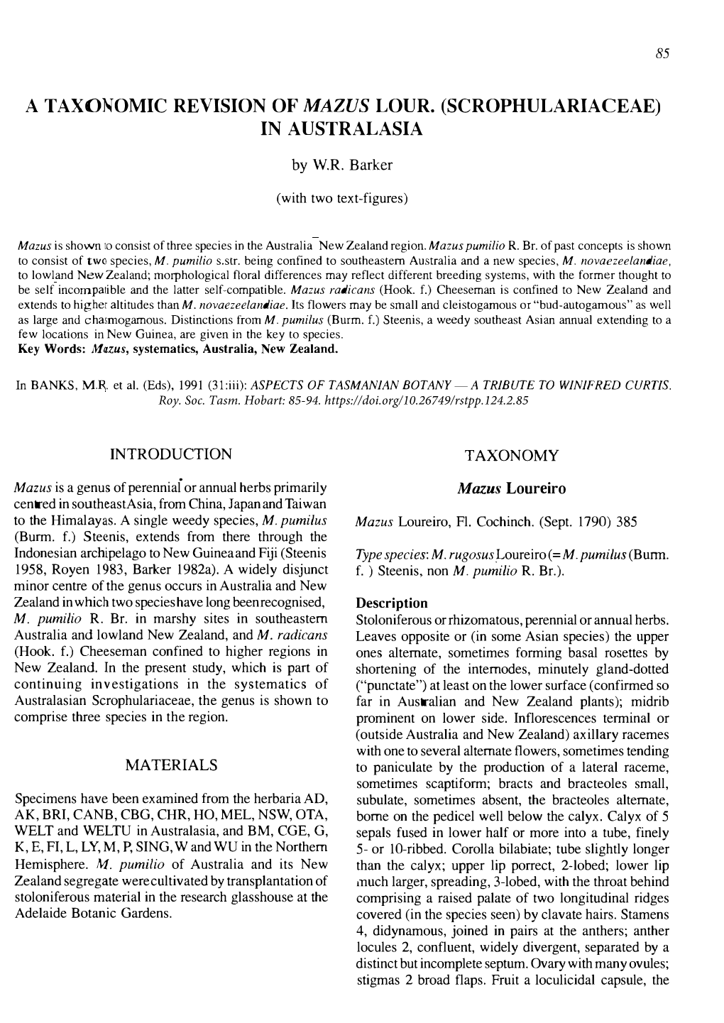 A Taxonomic Revision of Mazus Lour. (Scrophulariaceae) in Australasia