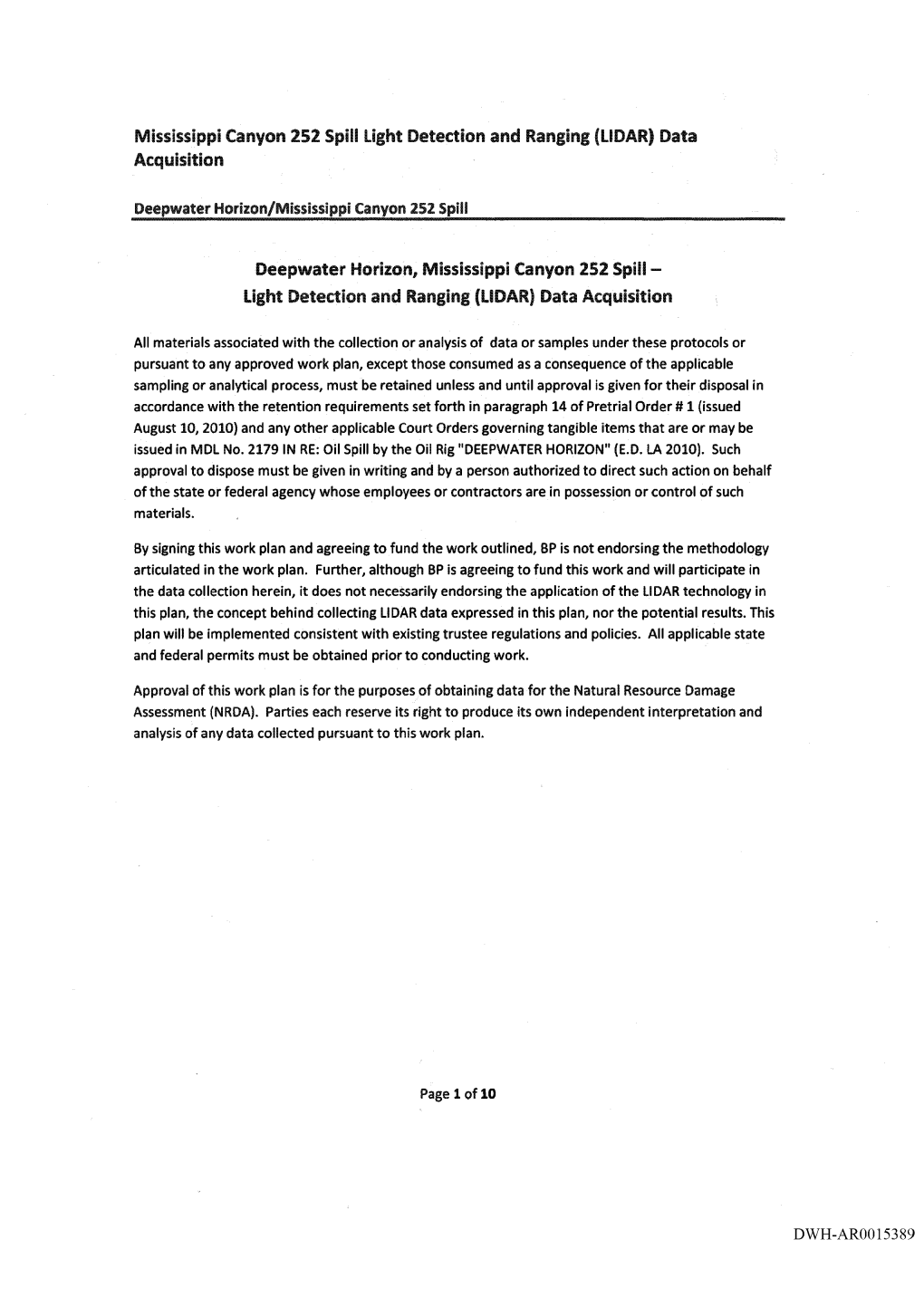 Mississippi Canyon 252 Spill Light Detection and Ranging (LIDAR) Data Acquisition