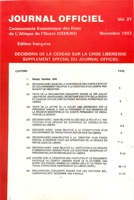 JOURNAL OFFICIEL Communauté Economique Des Etats De L'afrique De L'ouest (CEDEAO) Novembre 1992