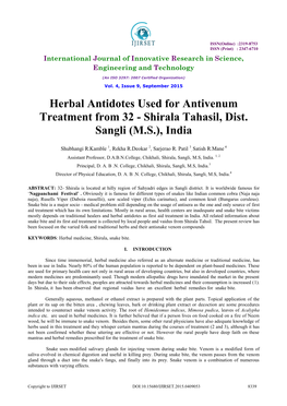 Herbal Antidotes Used for Antivenum Treatment from 32 - Shirala Tahasil, Dist