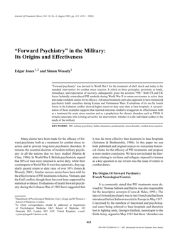 “Forward Psychiatry” in the Military: Its Origins and Effectiveness
