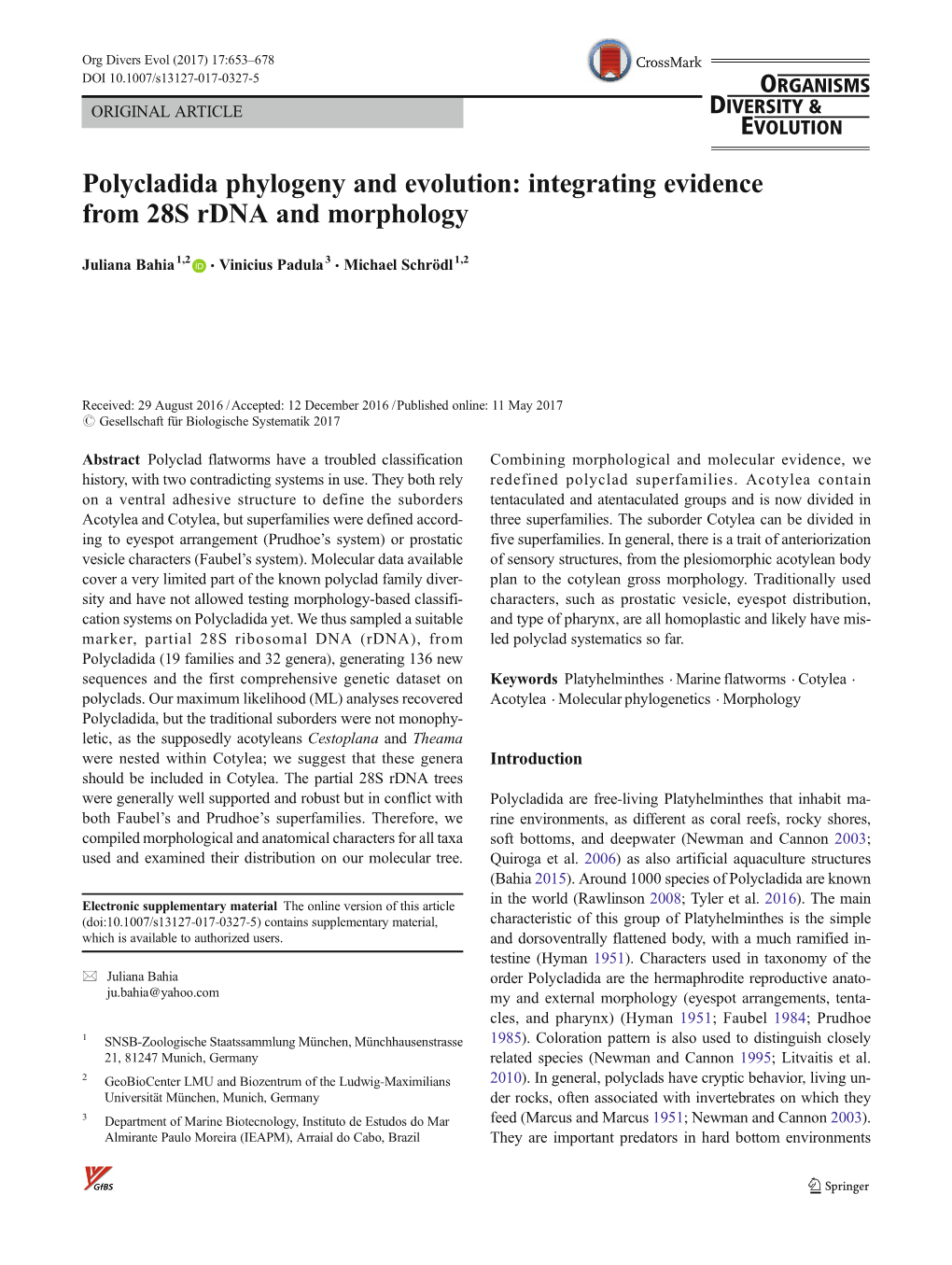 Polycladida Phylogeny and Evolution: Integrating Evidence from 28S Rdna and Morphology