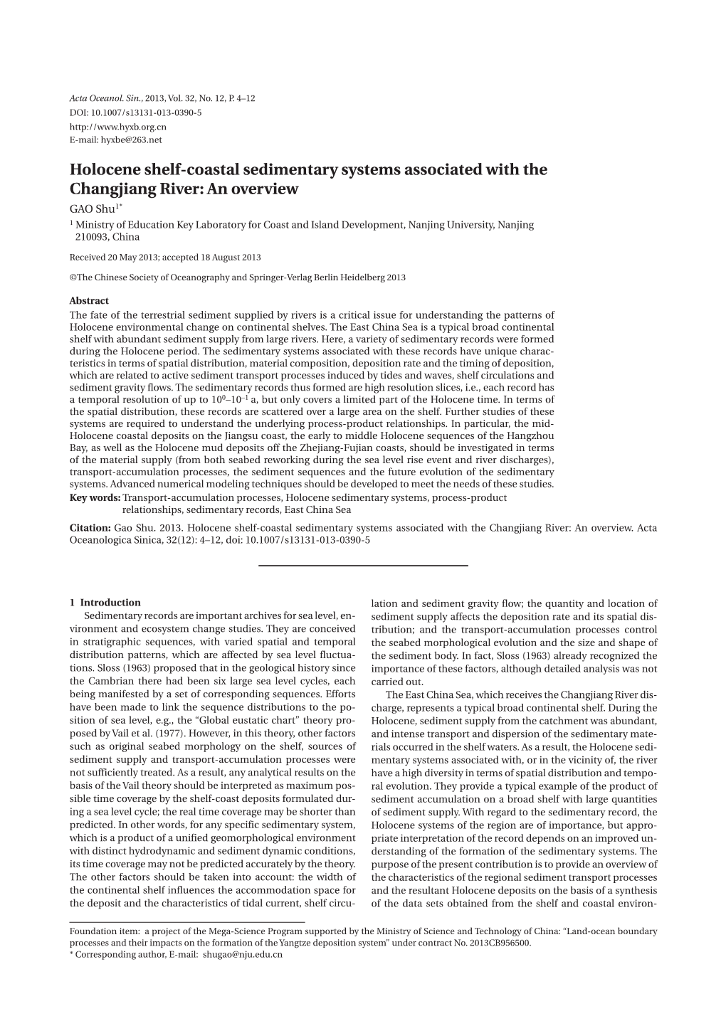 Holocene Shelf-Coastal Sedimentary Systems Associated with the Changjiang River: an Overview