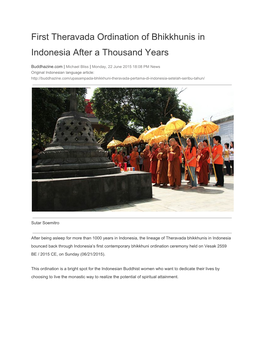 First Theravada Ordination of Bhikkhunis in Indonesia After a Thousand Years