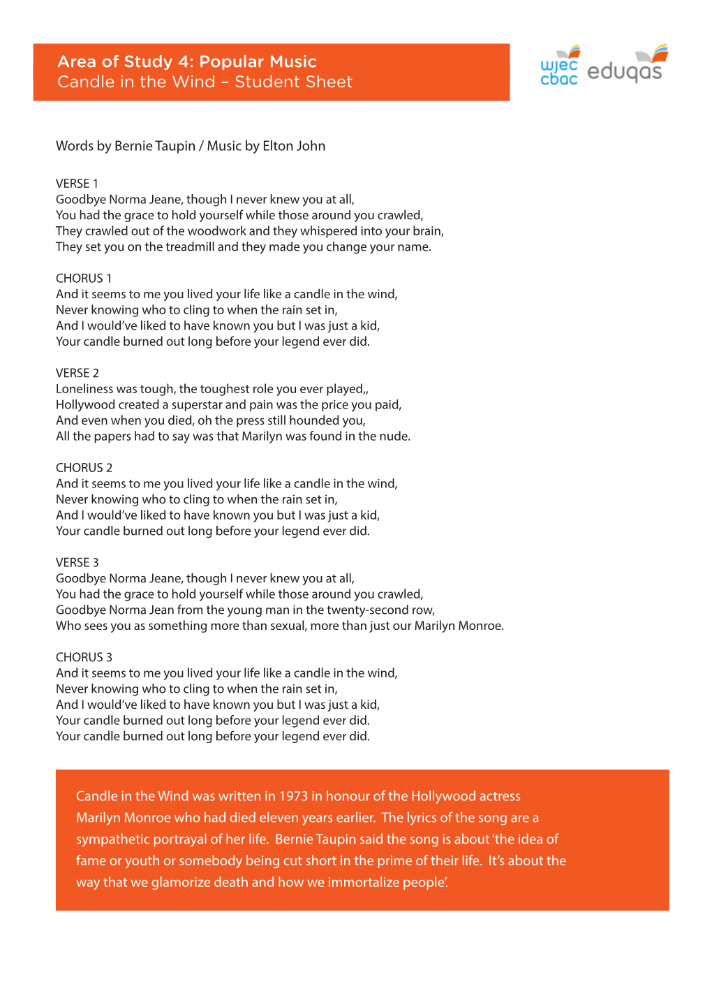 Area of Study 4: Popular Music Candle in the Wind – Student Sheet