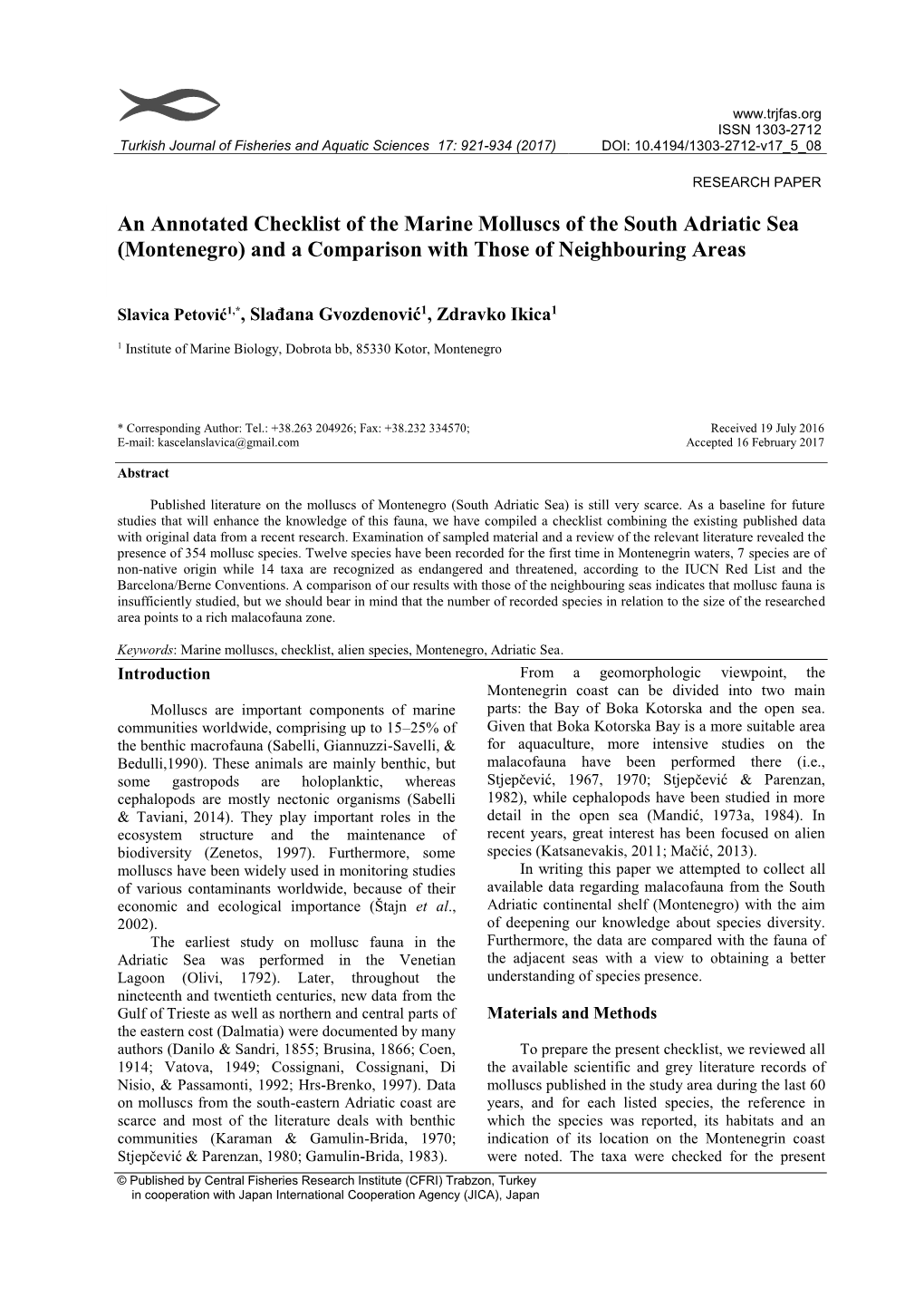 An Annotated Checklist of the Marine Molluscs of the South Adriatic Sea (Montenegro) and a Comparison with Those of Neighbouring Areas