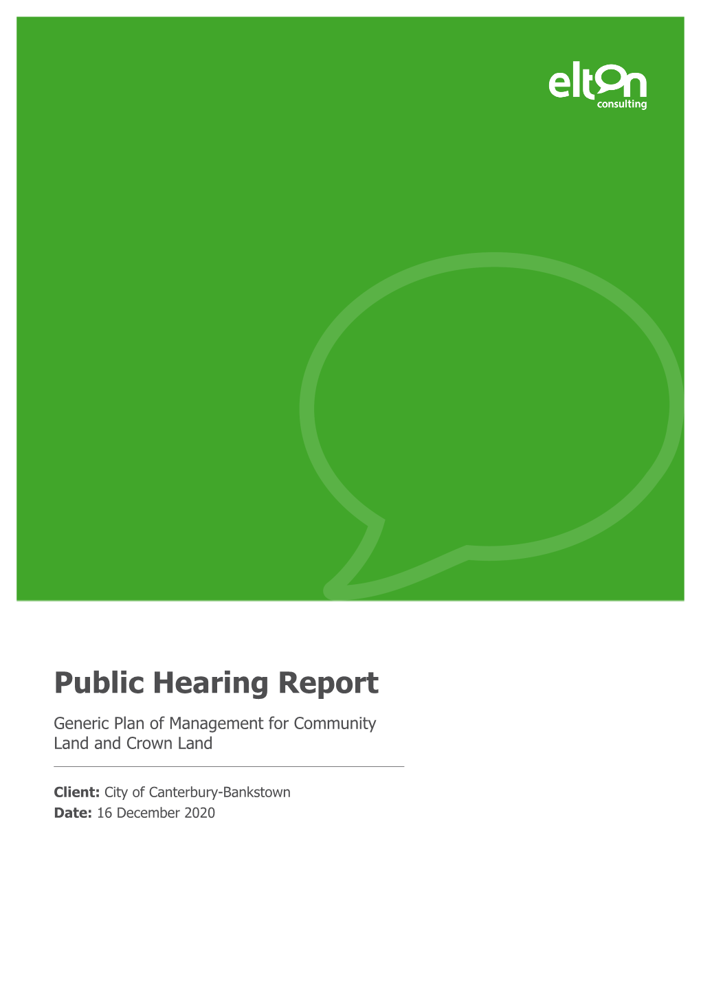 Public Hearing Report Generic Plan of Management for Community Land and Crown Land