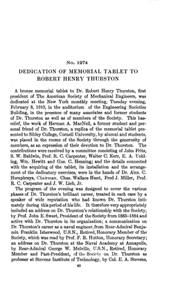 DEDICATION of MEMORIAL TABLET to ROBERT HENRY THURSTON a Bronze Memorial Tablet to Dr