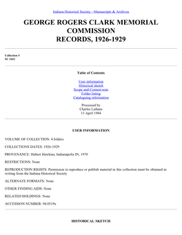 George Rogers Clark Memorial Commission Records, 1926-1929