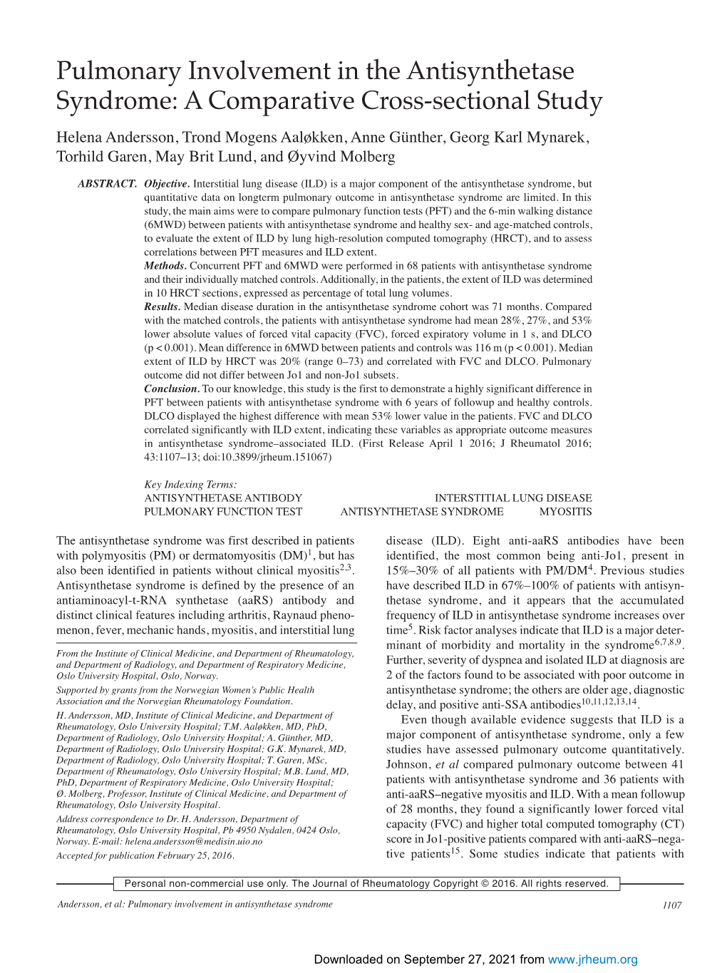 Pulmonary Involvement in the Antisynthetase Syndrome: a Comparative Cross-Sectional Study