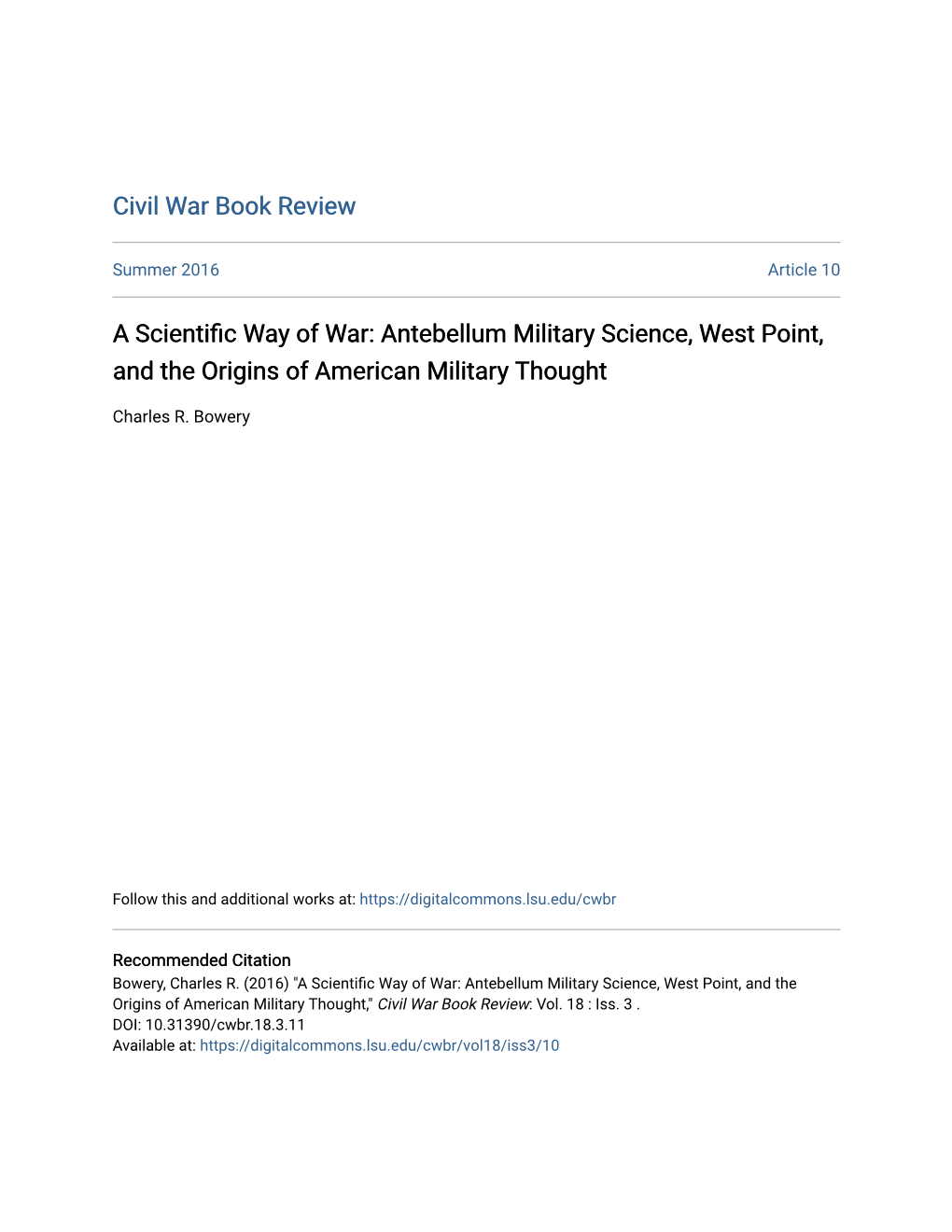 A Scientific Way of War: Antebellum Military Science, West Point, and the Origins of American Military Thought
