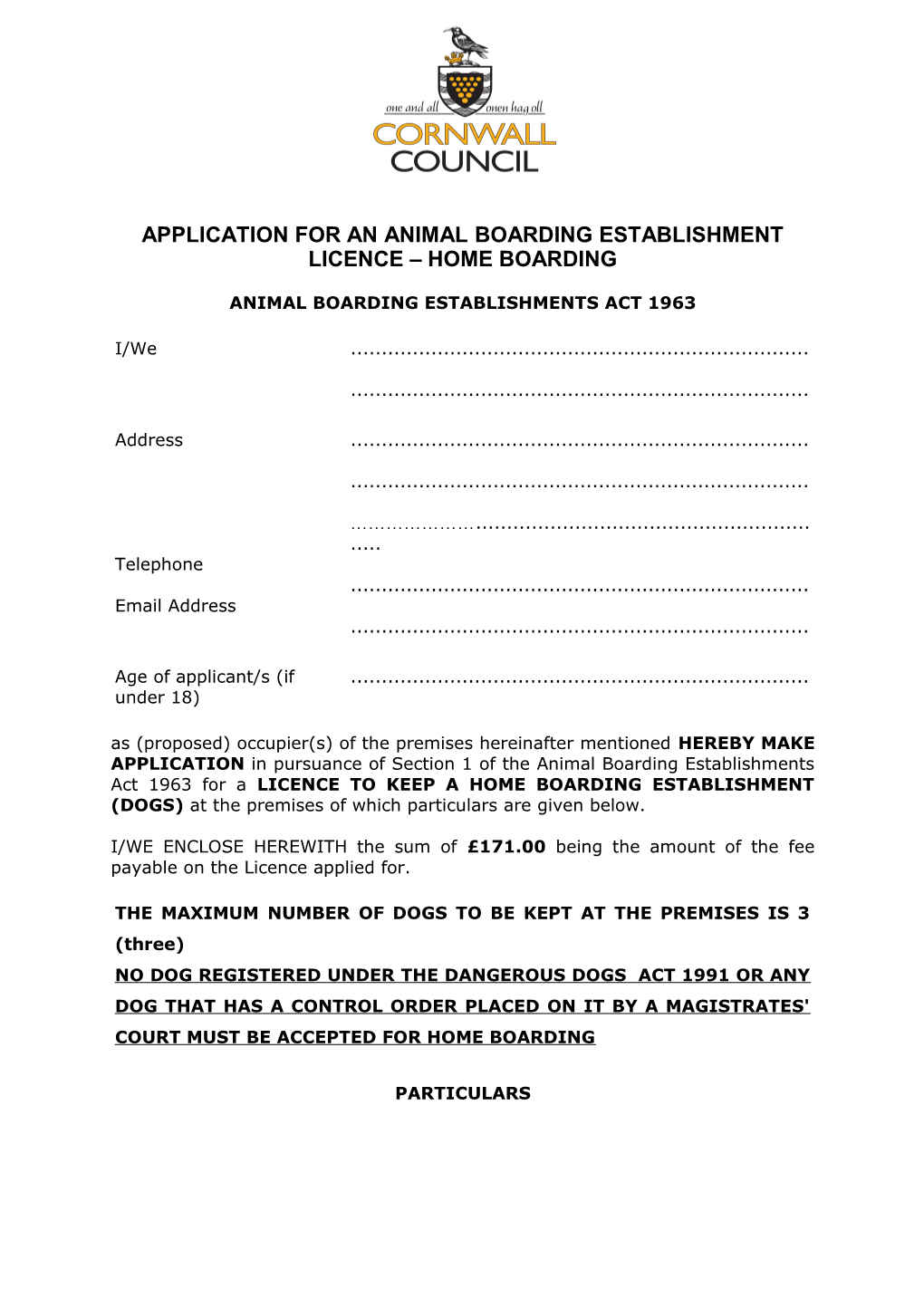 Application for an Animal Boarding Establishment
