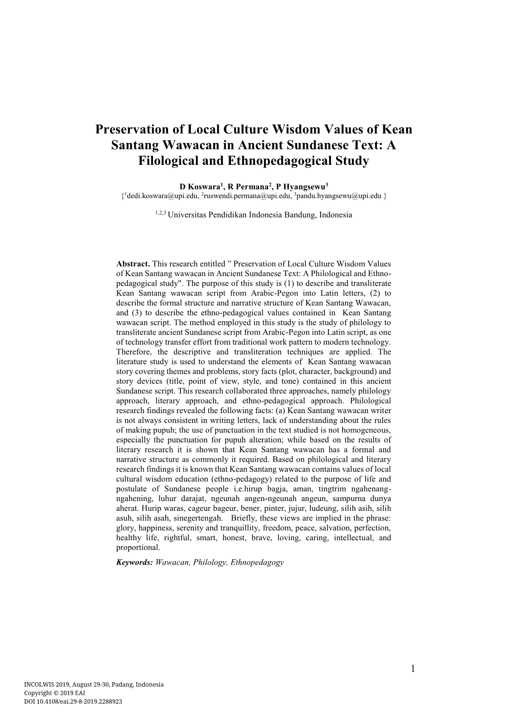 Preservation of Local Culture Wisdom Values of Kean Santang Wawacan in Ancient Sundanese Text: a Filological and Ethnopedagogical Study