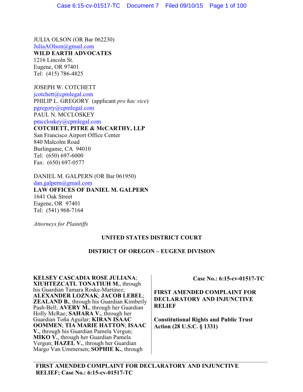 FIRST AMENDED COMPLAINT for DECLARATORY and INJUNCTIVE RELIEF; Case No.: 6:15-Cv-01517-TC