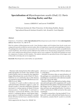 Specialisation of Rhynchosporium Secalis (Oud.) J.J. Davis Infecting Barley and Rye