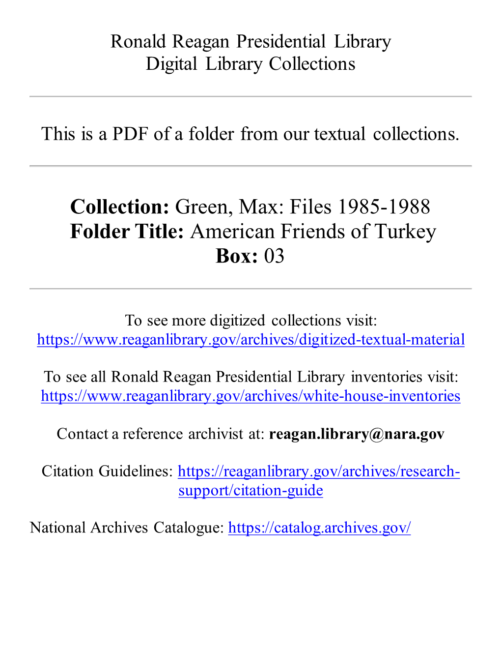 Collection: Green, Max: Files 1985-1988 Folder Title: American Friends of Turkey Box: 03