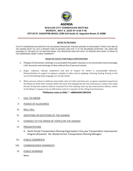 Agenda Regular City Commission Meeting Monday, May 4, 2020 at 6:00 P.M