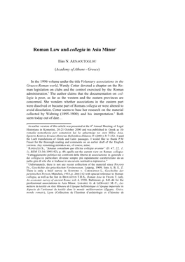 Roman Law and Collegia in Asia Minor*