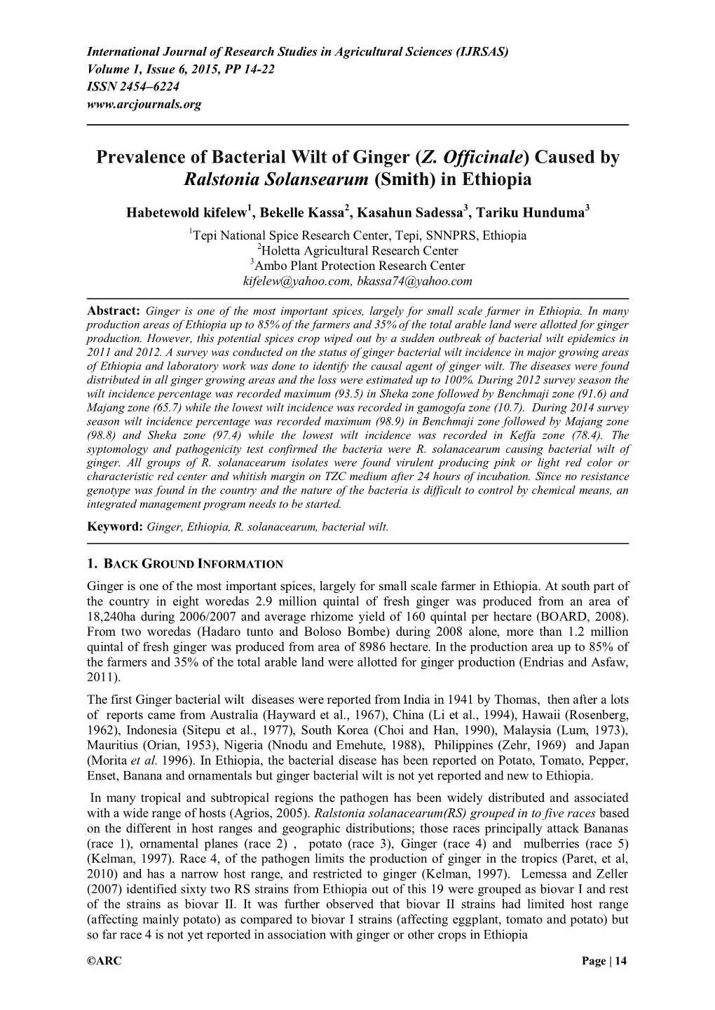 Prevalence of Bacterial Wilt of Ginger (Z