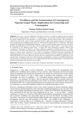 Wordliness and the Secularization of Contemporary Nigerian Gospel Music: Implications for Censorship and Consumption