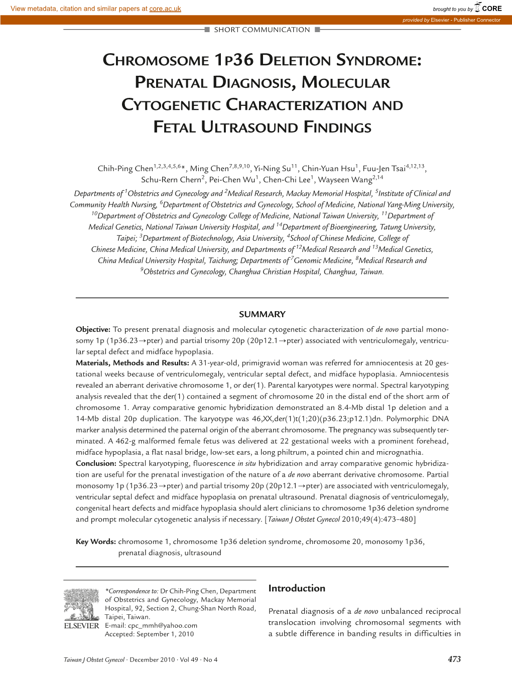 Chromosome 1P36 Deletion Syndrome: Prenatal Diagnosis, Molecular Cytogenetic Characterization and Fetal Ultrasound Findings