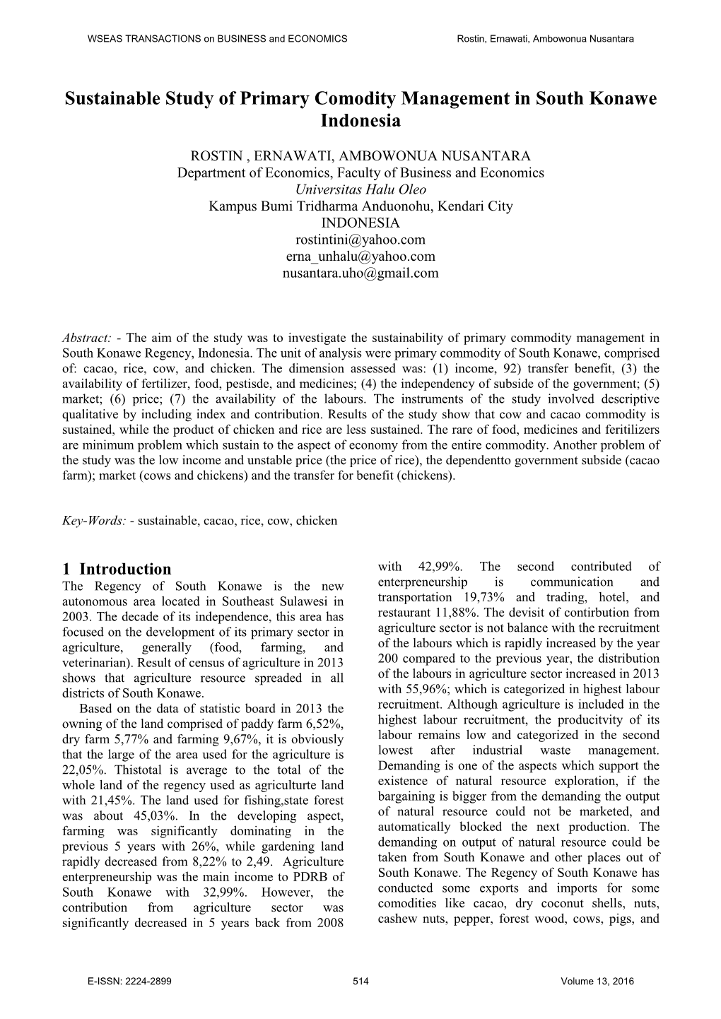 Sustainable Study of Primary Comodity Management in South Konawe Indonesia