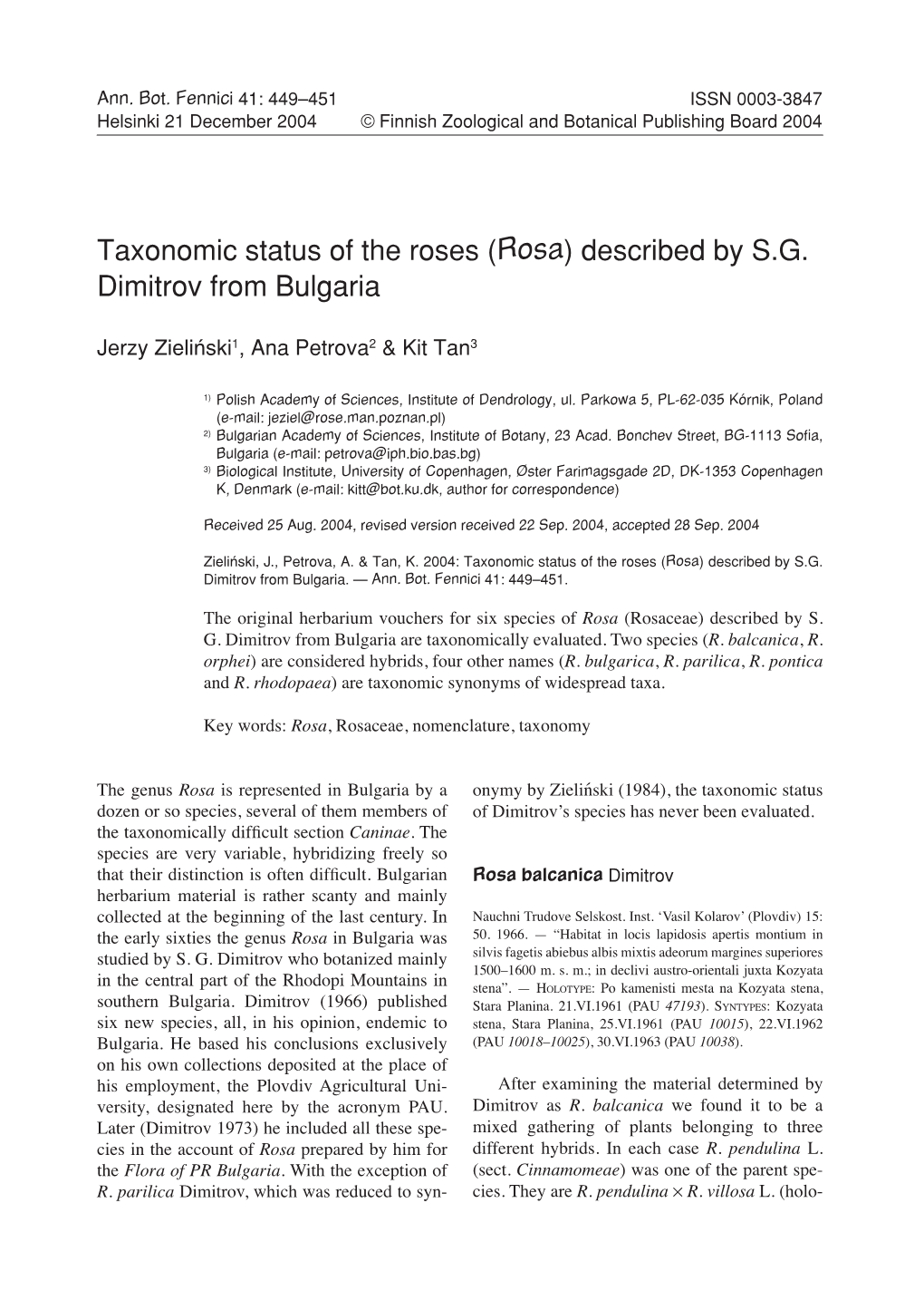 Taxonomic Status of the Roses (Rosa) Described by S.G