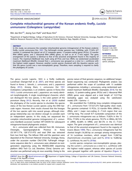 Complete Mitochondrial Genome of the Korean Endemic Firefly, Luciola Unmunsana (Coleoptera: Lampyridae)