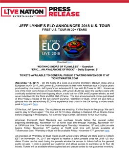 Jeff Lynne's Elo Announces 2018 U.S. Tour