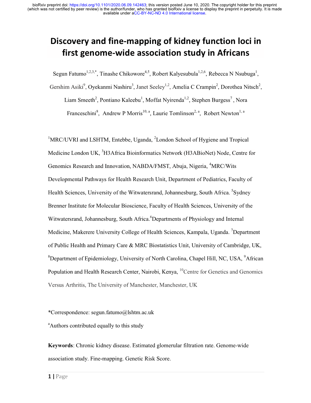 Discovery and Fine-Mapping of Kidney Function Loci in First Genome-Wide Association Study in Africans