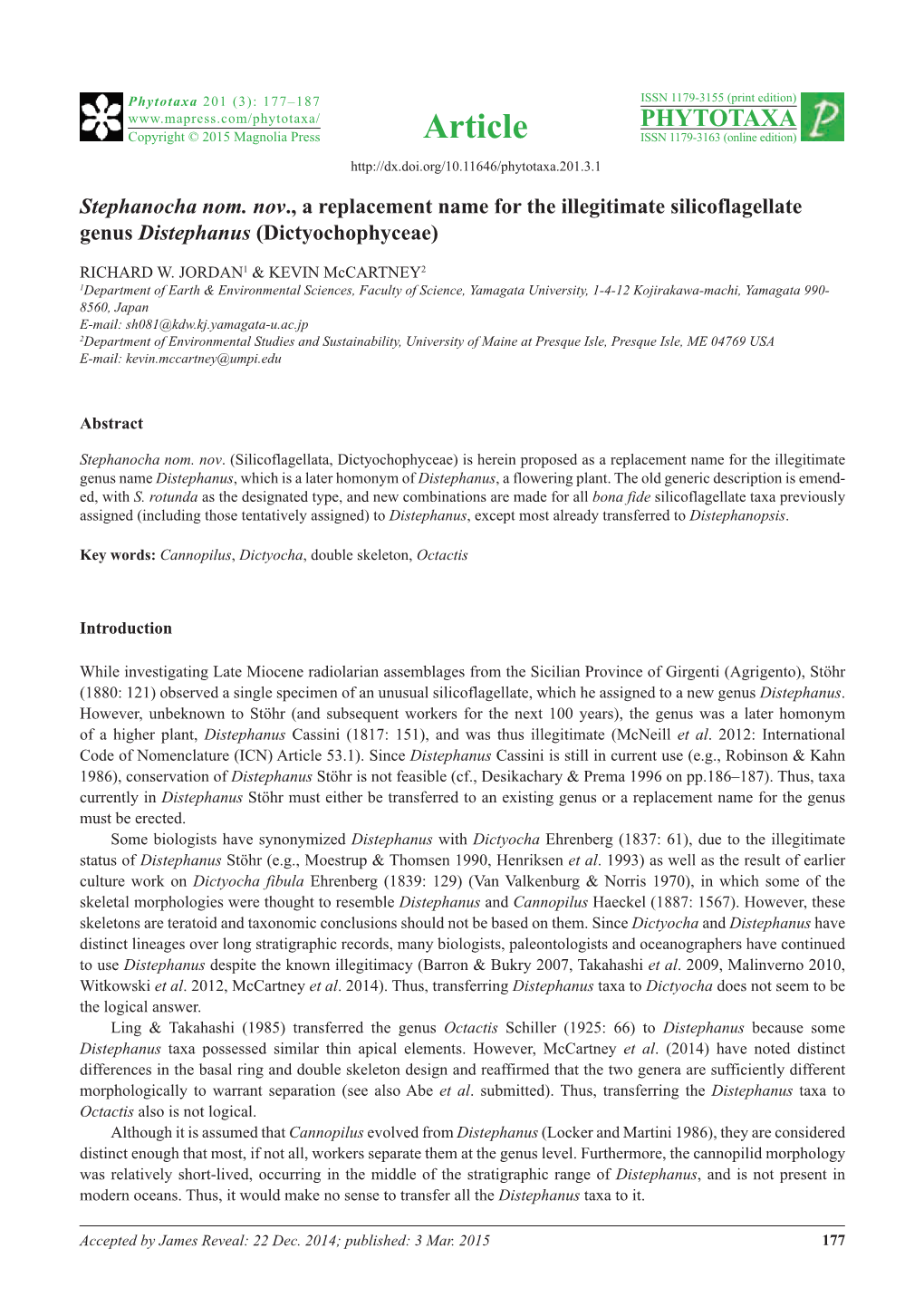 Stephanocha Nom. Nov., a Replacement Name for the Illegitimate Silicoflagellate Genus Distephanus (Dictyochophyceae)