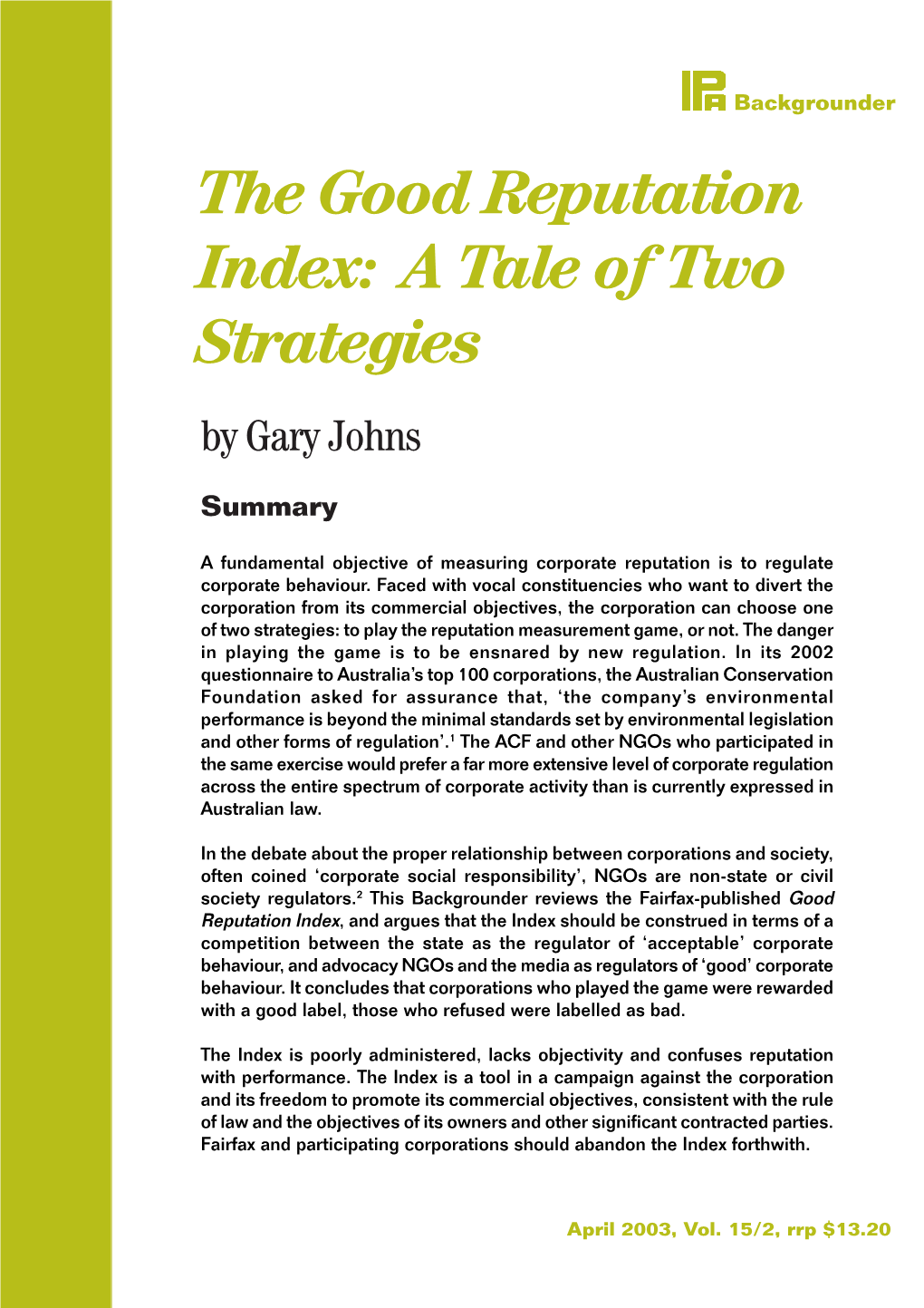 The Good Reputation Index: a Tale of Two Strategies by Gary Johns