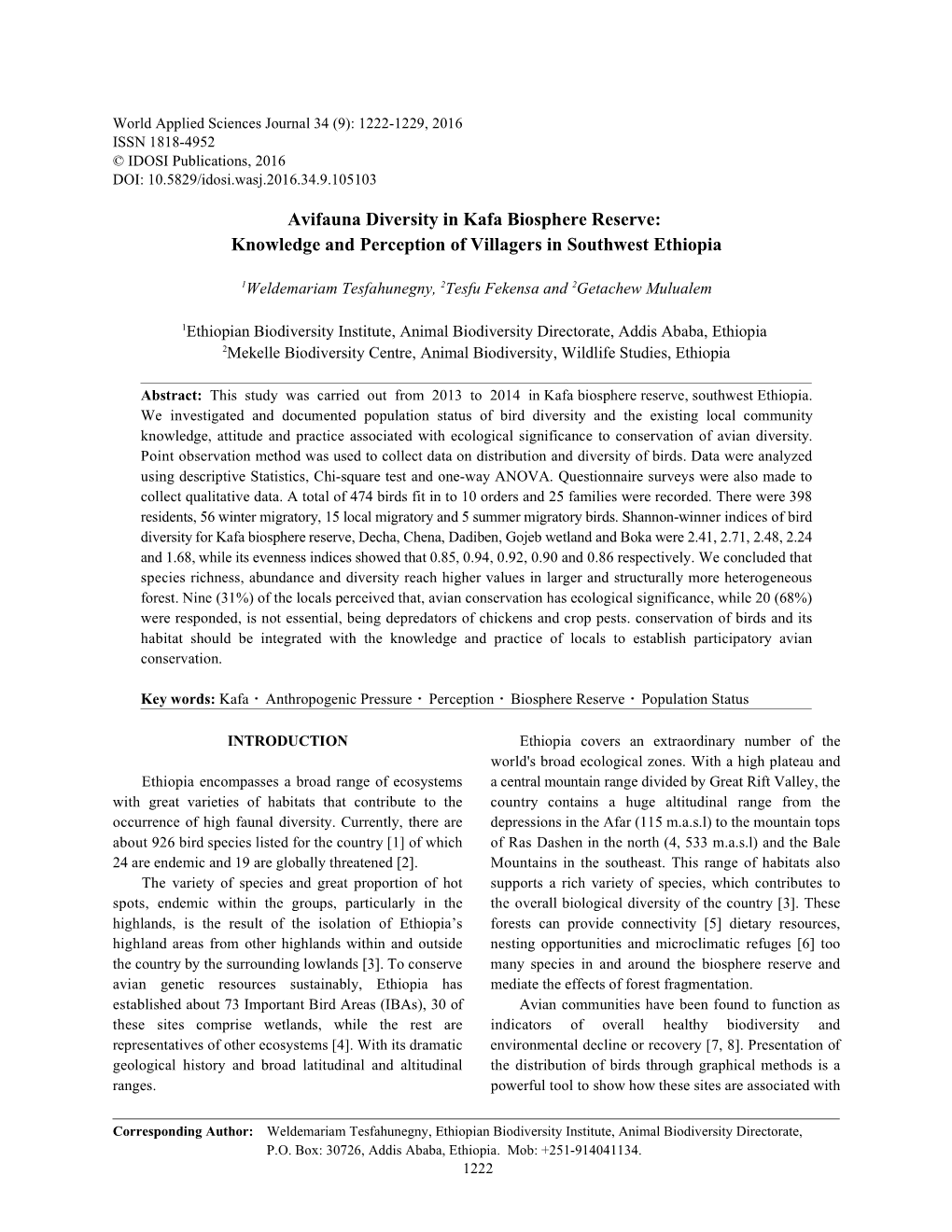 Avifauna Diversity in Kafa Biosphere Reserve: Knowledge and Perception of Villagers in Southwest Ethiopia