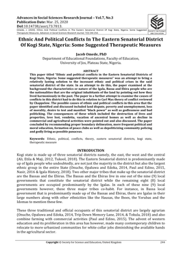 Ethnic and Political Conflicts in the Eastern Senatorial District of Kogi State, Nigeria: Some Suggested Therapeutic Measures