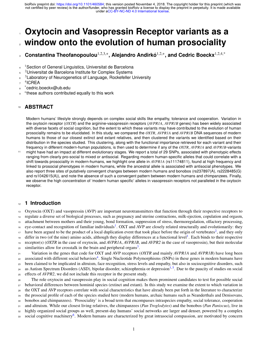 Oxytocin and Vasopressin Receptor Variants As a Window Onto