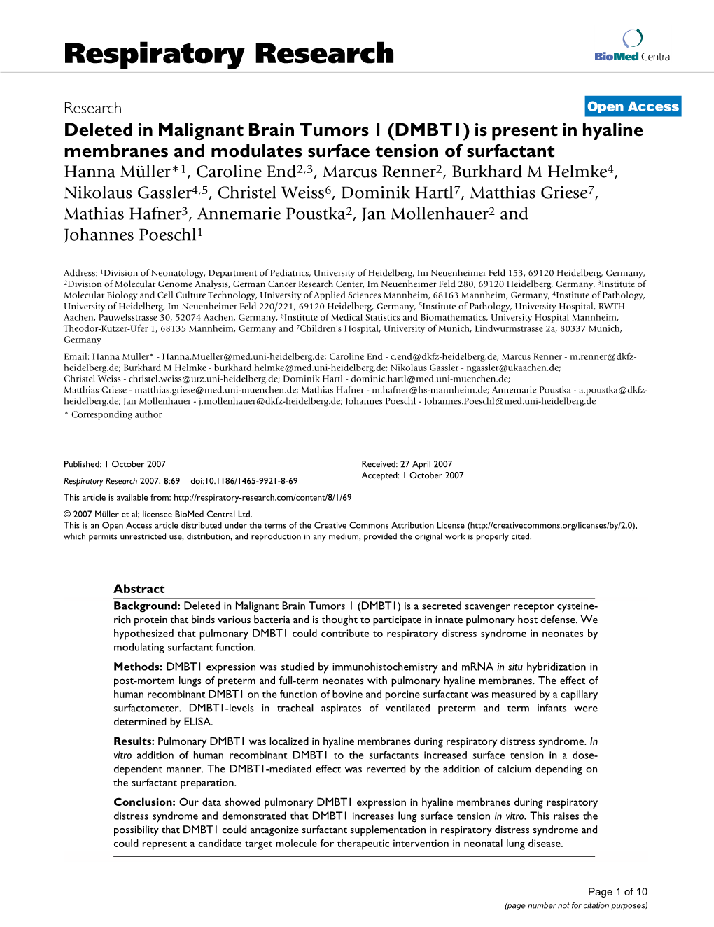 Deleted in Malignant Brain Tumors 1 (DMBT1) Is Present in Hyaline