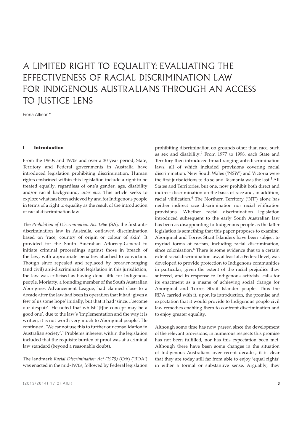 Evaluating the Effectiveness of Racial Discrimination Law for Indigenous Australians Through an Access to Justice Lens