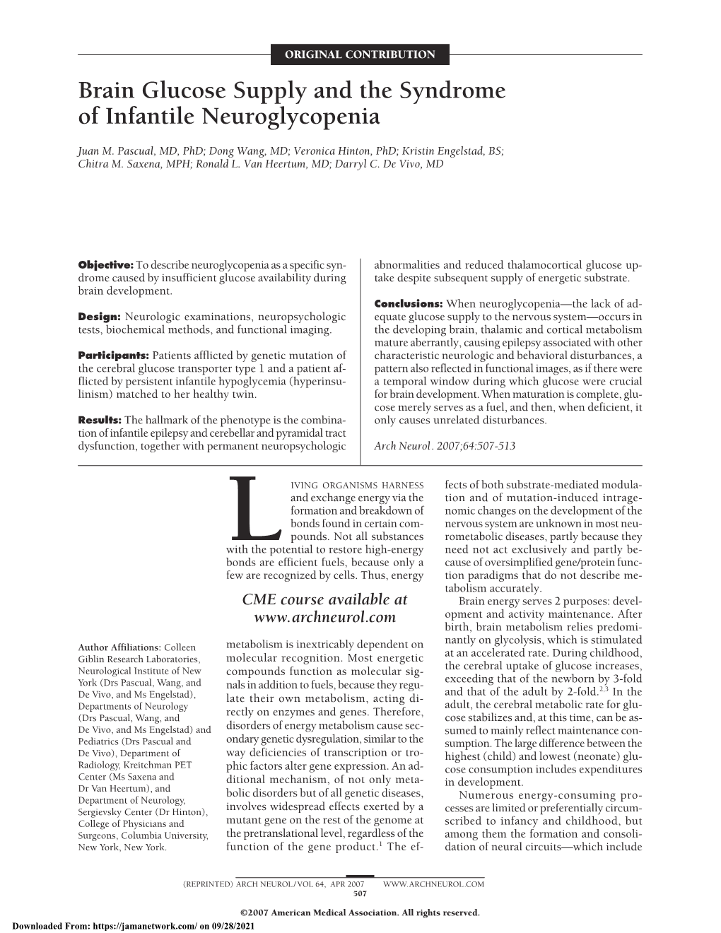 Brain Glucose Supply and the Syndrome of Infantile Neuroglycopenia