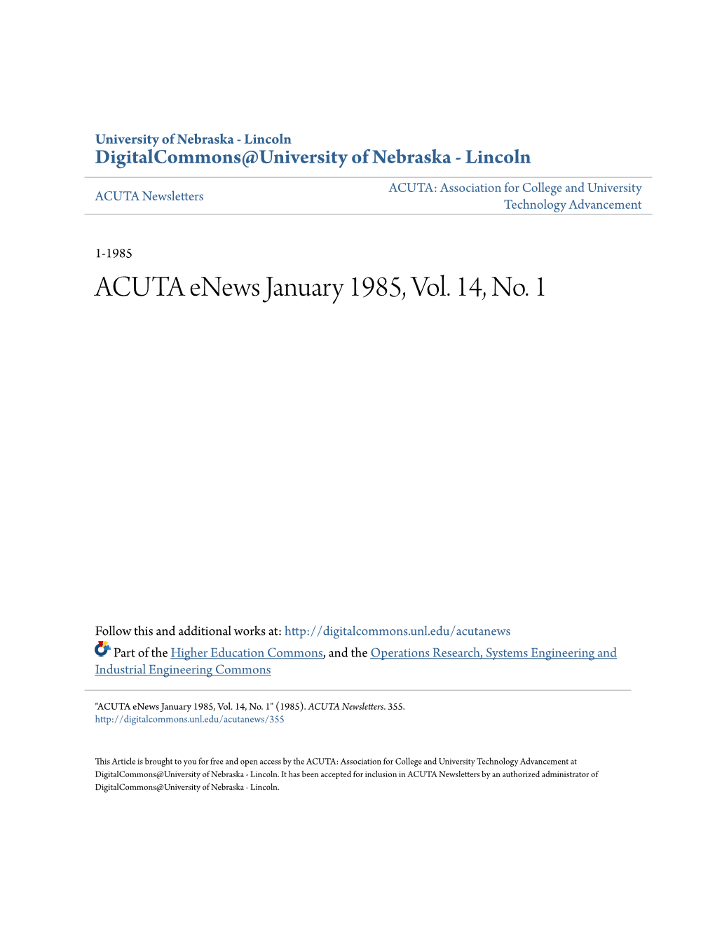 ACUTA Enews January 1985, Vol. 14, No. 1