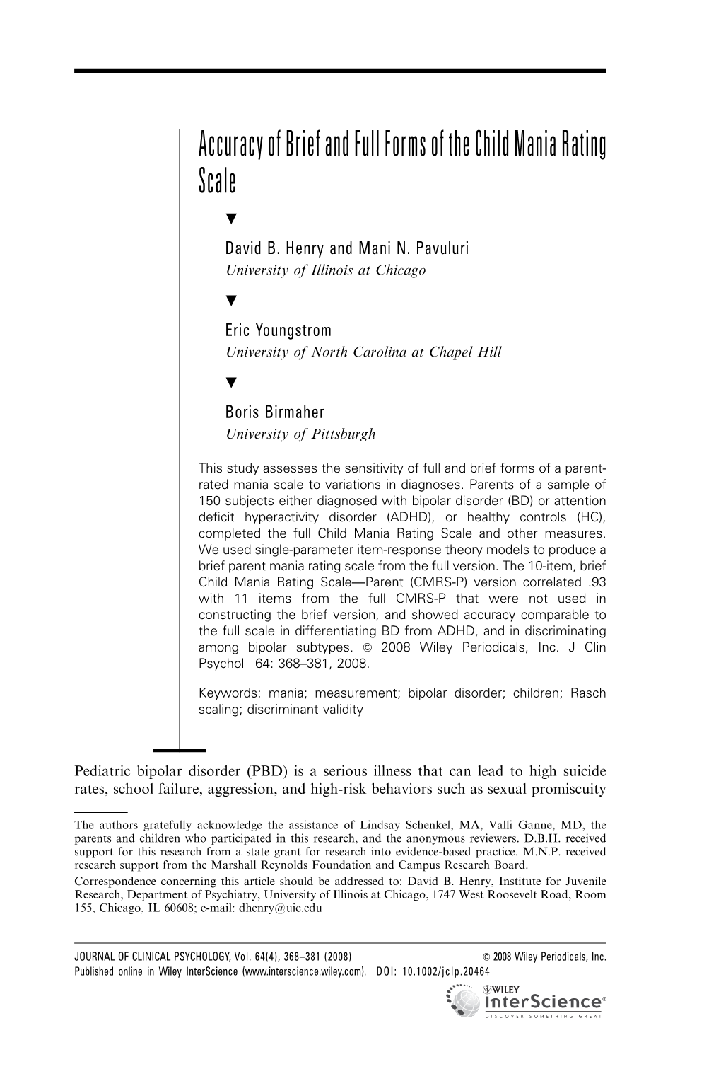 Accuracy of Brief and Full Forms of the Child Mania Rating Scale