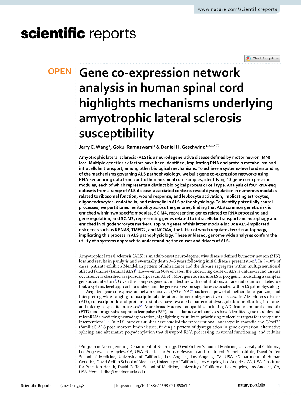 Gene Co-Expression Network Analysis in Human Spinal Cord Highlights