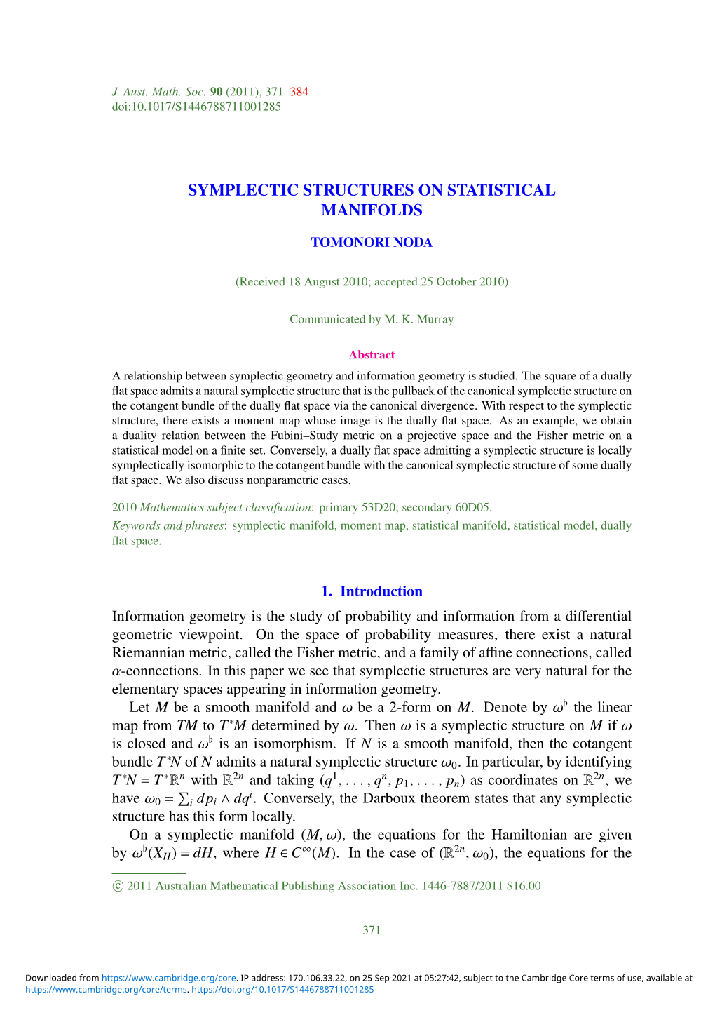 Symplectic Structures on Statistical Manifolds