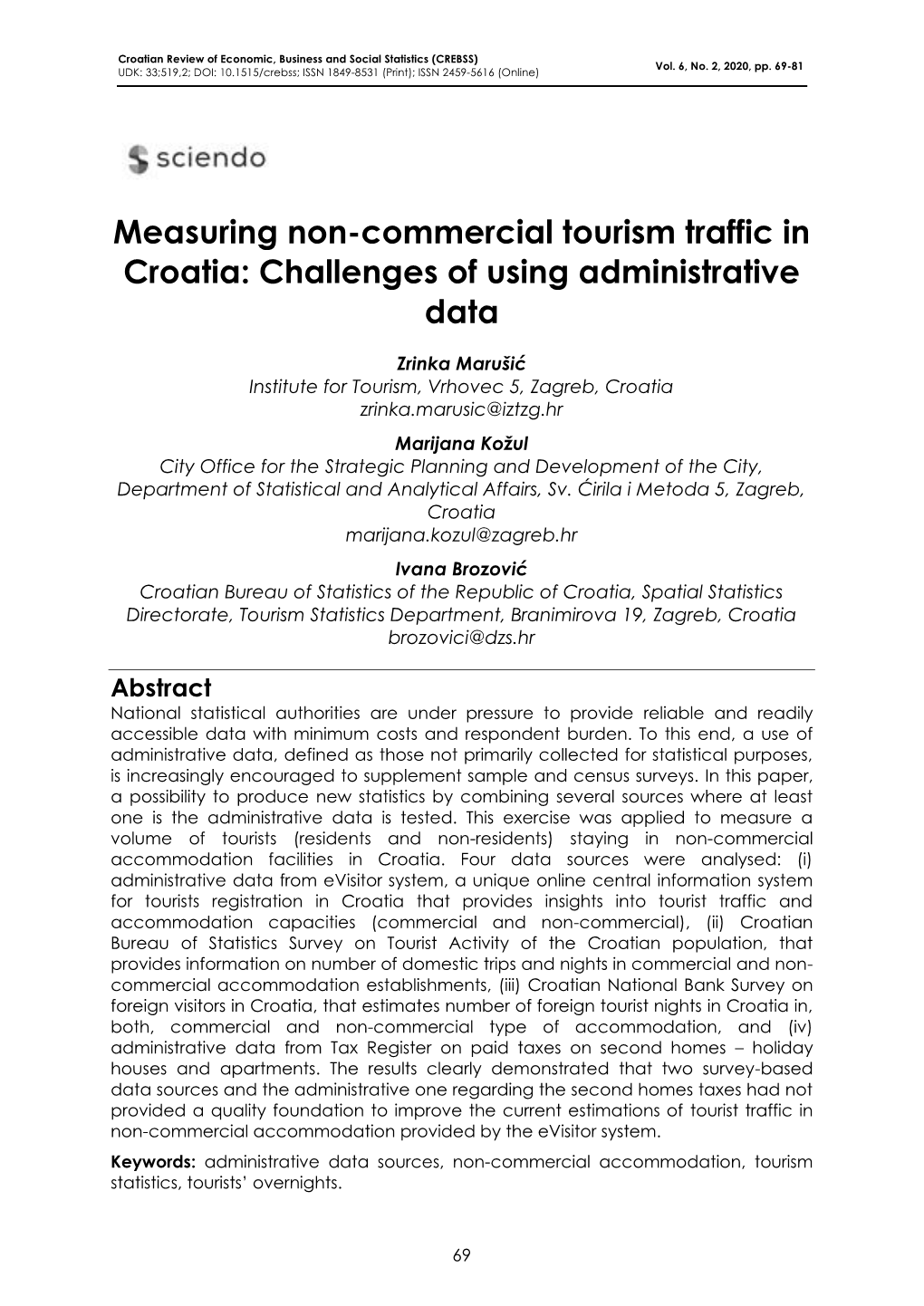 Measuring Non-Commercial Tourism Traffic in Croatia: Challenges of Using Administrative Data