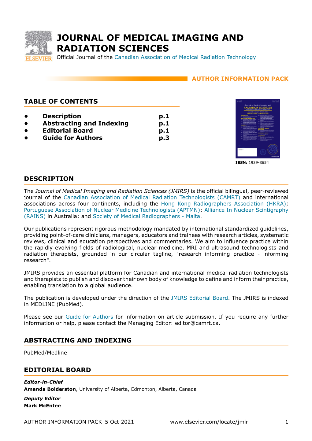 JOURNAL of MEDICAL IMAGING and RADIATION SCIENCES Official Journal of the Canadian Association of Medical Radiation Technology