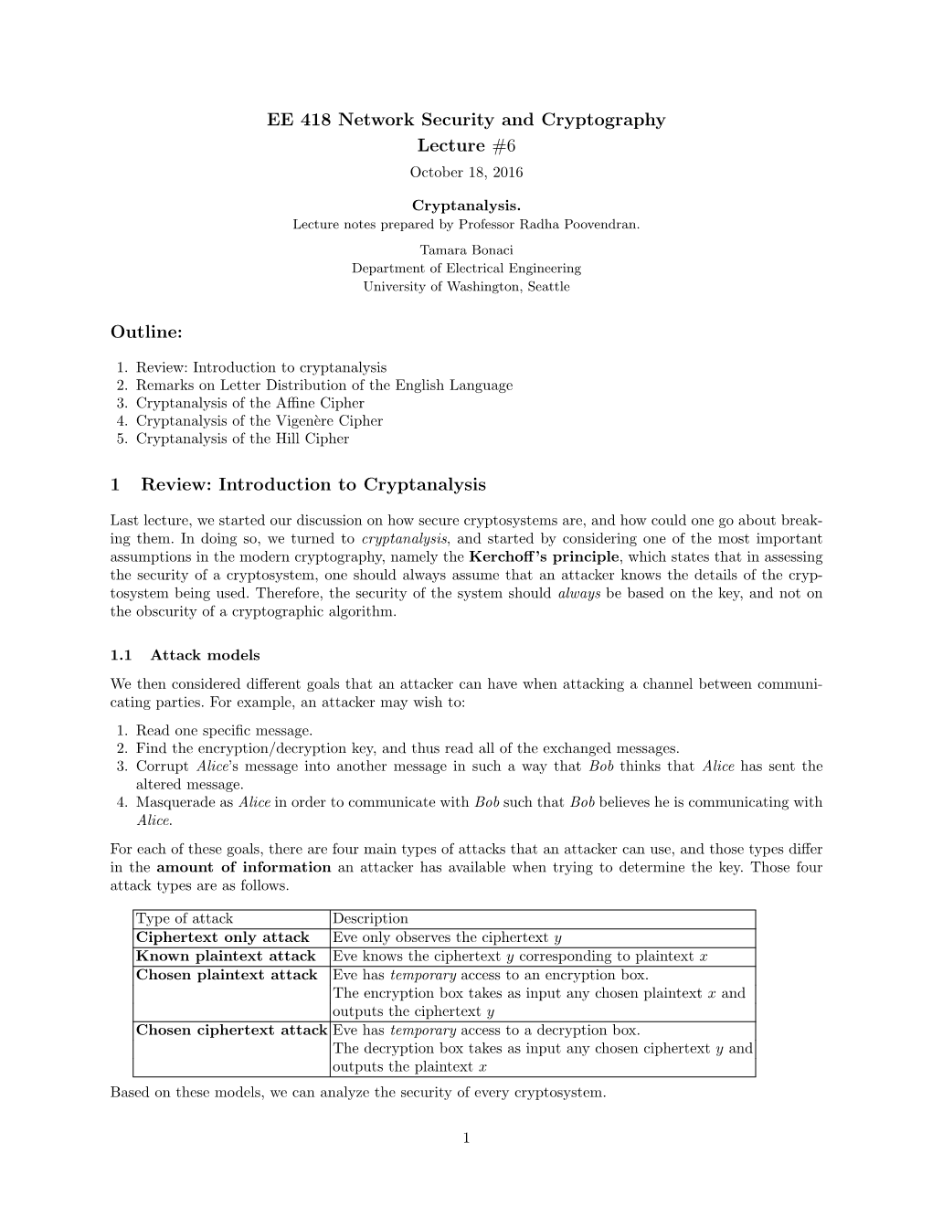 EE 418 Network Security and Cryptography Lecture #6 Outline: 1